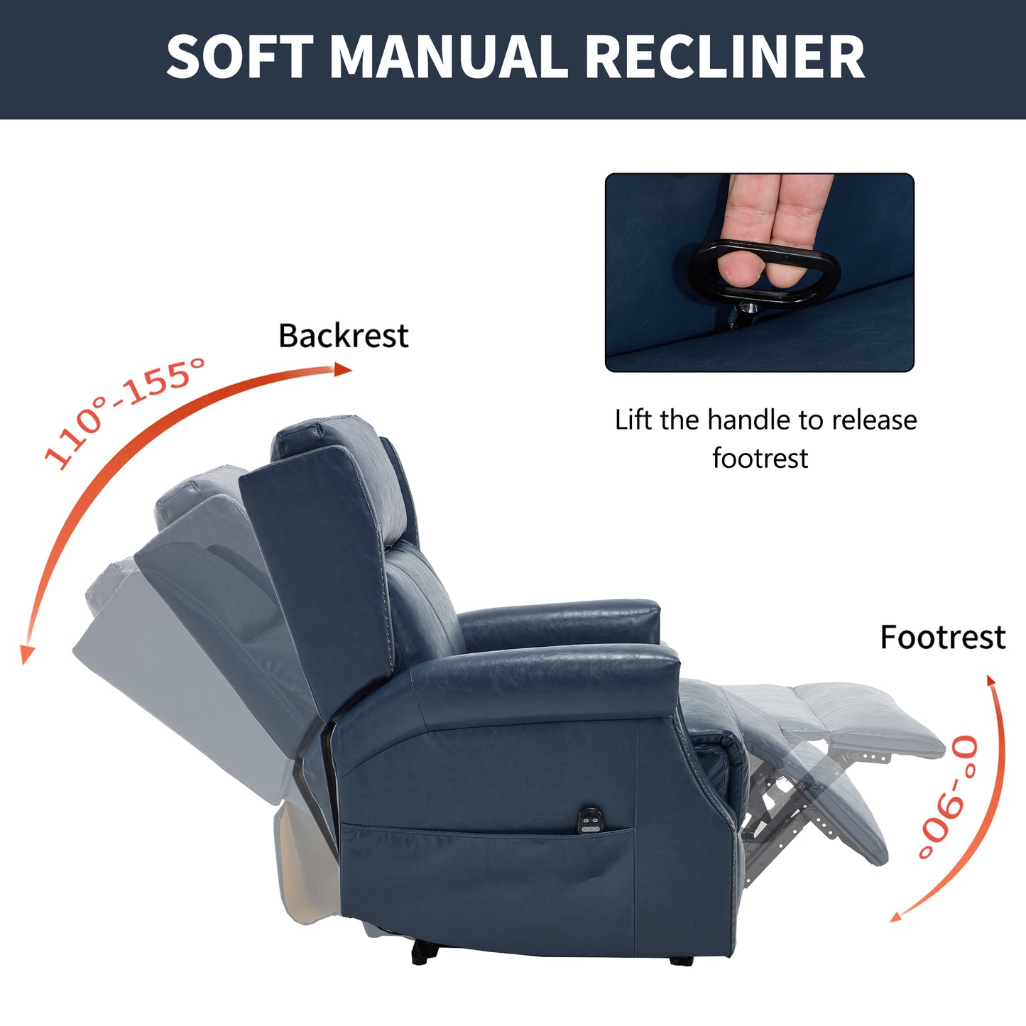 Blue Manual Recliner Chair in Faux Leather for Living Room with Heavy Duty Motion Mechanism, 8 vibrating nodes and 3 massage modes. image 10