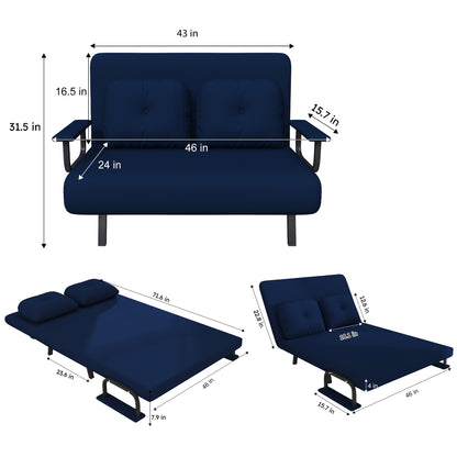 46" Wide Folding Sofa Bed 5-in-1 Convertible Chair for Two - 5-Position Adjustable Backrest with Pillow, Space-Saving Sleeper for Living Room, Bedroom & Office (71.6"W x 46"D)(Bule) image 3