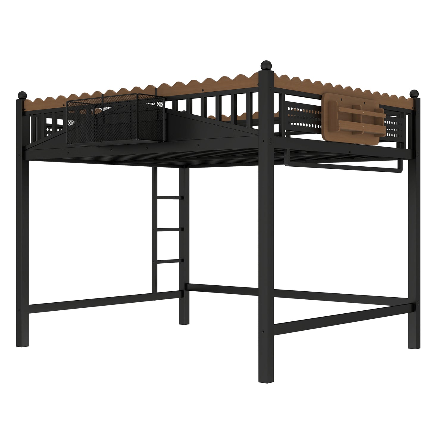 Queen Size Loft Bed with Ladders, Metal Loft Bed with Storage Shelves and bookshelf, No Box Spring Needed and Chic Design, Black image 6