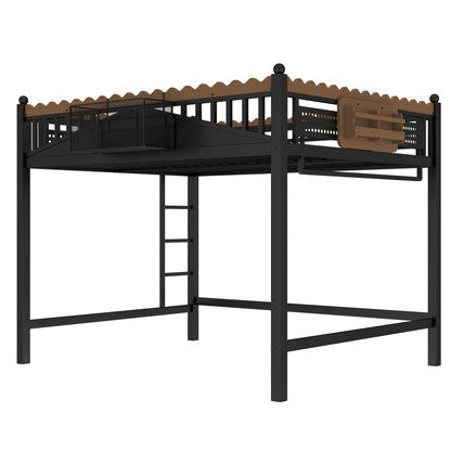 Queen Size Loft Bed with Ladders, Metal Loft Bed with Storage Shelves and bookshelf, No Box Spring Needed and Chic Design, Black image 6