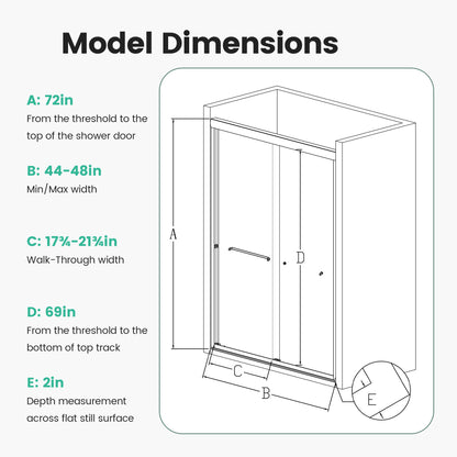44"-48"W*72" H Semi-Frameless Double Sliding Shower Door, Bypass Shower Door, 1/4" (6mm) Thick SGCC Tempered Glass Door, Matte Black image 8