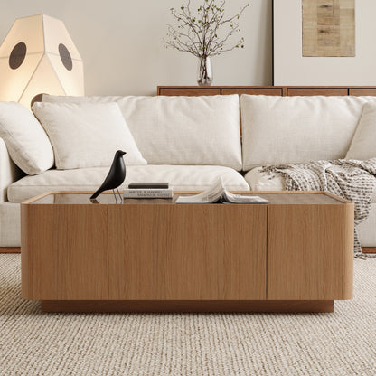 46.8" Mid-Century Modern Glass Top Coffee Table,Rectangular Center Table with Hidden Storage Drawers for Living Room,Contemporary Storage Coffee Table with Stable Base for Apartment Home(Light Walnut) image 4
