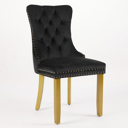 Mid-Century Modern Chairs with Lion Head Pull Ring,High-end Tufted Solid Wood Contemporary Velvet Upholstered Dining Chair with Golden Wooden Legs Nailhead Trim 2-Pcs Set,Black,SW1201BK image 3