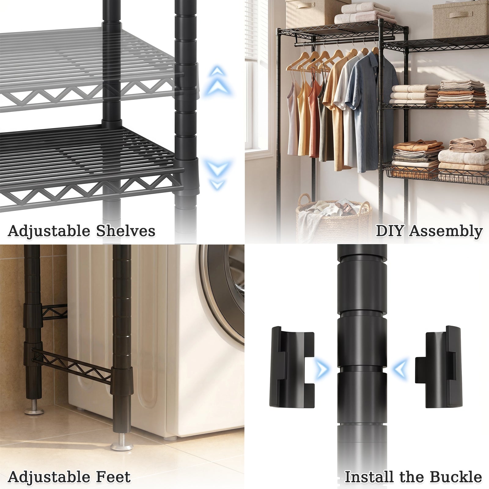 Over Washer and Dryer Shelves, 4 Tier Laundry Room Clothes Drying Rack Wire Basket & Rotating Side Hook, Heavy Duty Laundry Drying Rack, Space Saving and Adjustable Shelves, Black image 6