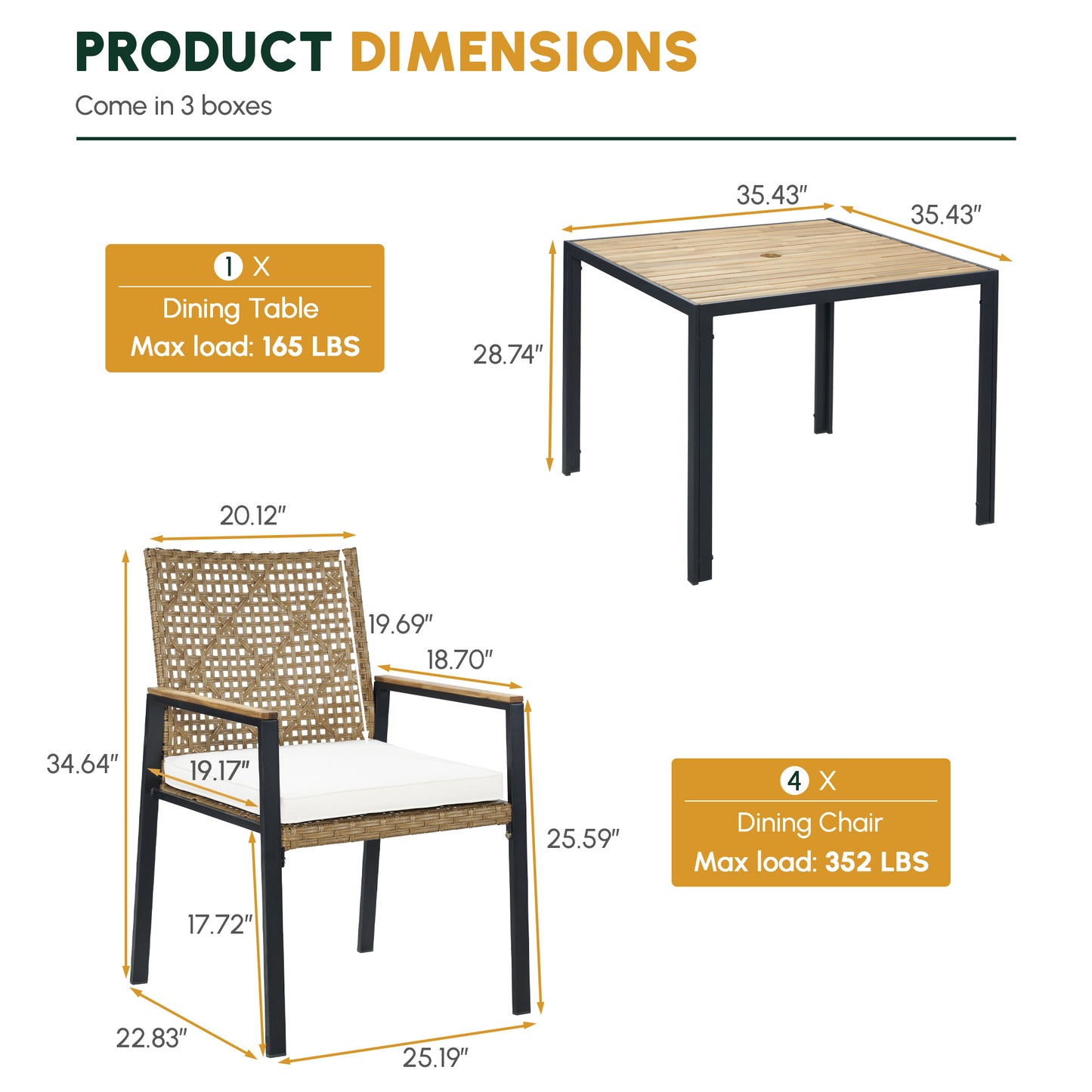 All Weather 5-Piece Patio Dining Table Sets, Patio Conversation Set Acacia Wood Table Top with Umbrella Hole, Rattan Outdoor, Yellow Color image 2