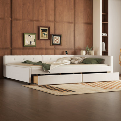 Queen Size Upholstered Platform Bed with USB and 2 Drawers, Beige image 4