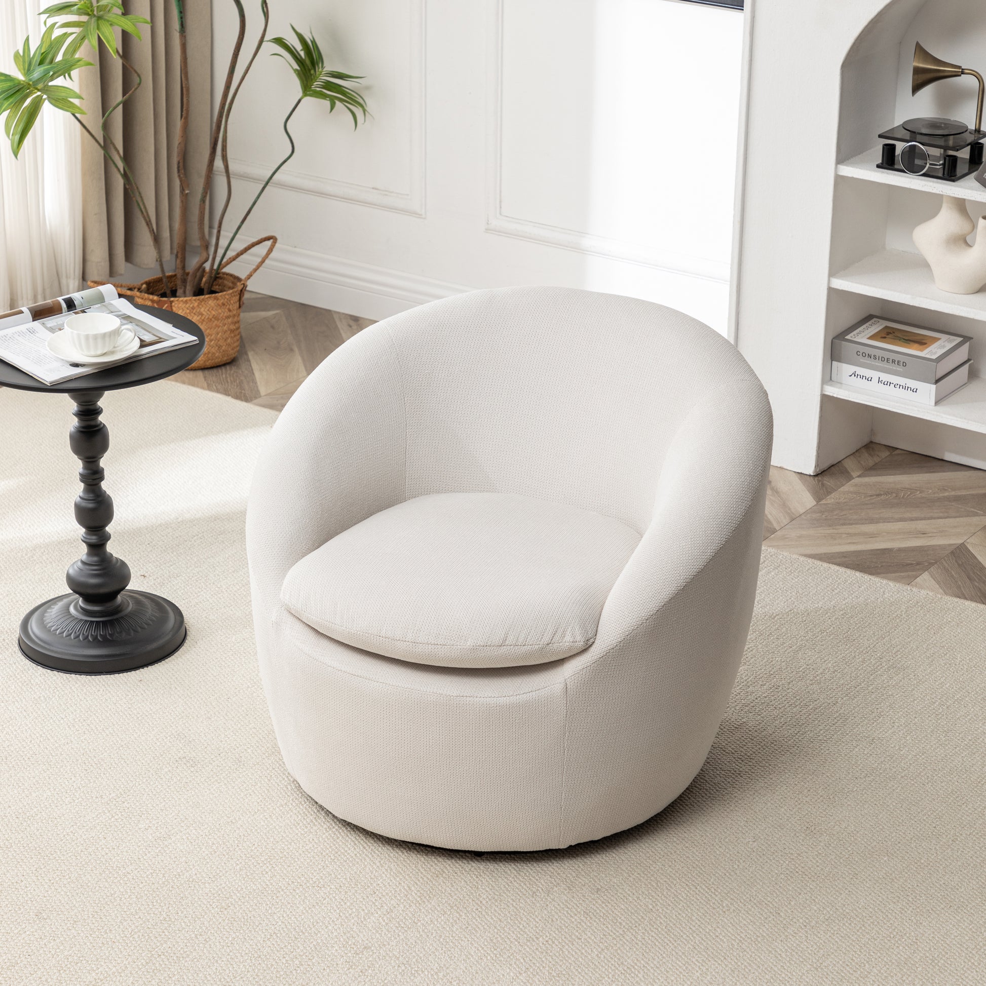 Winnie Modern Teddy Fabric Barrel Chair, 360° Swivel, Beige image 3