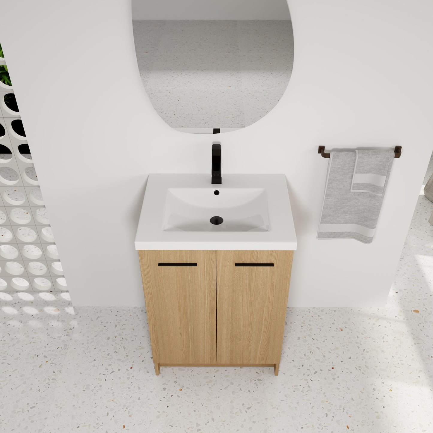24" Freestanding Bathroom Vanity with Resin Sink, Light Oak, Double Door Storage, KD (Ready-to-Assemble), Includes Black & Brushed Aluminum Handles image 6