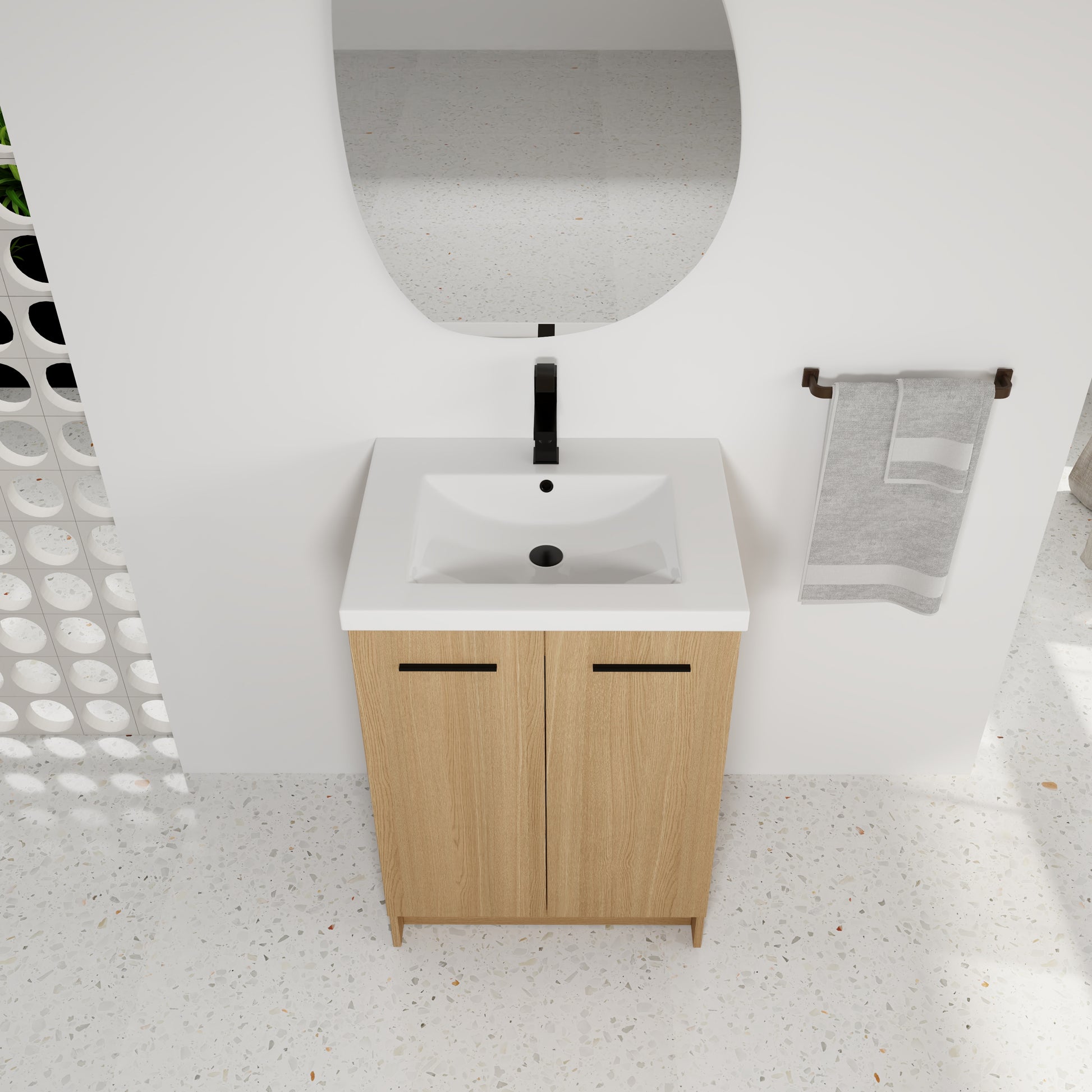 24" Freestanding Bathroom Vanity with Resin Sink, Light Oak, Double Door Storage, KD (Ready-to-Assemble), Includes Black & Brushed Aluminum Handles image 6