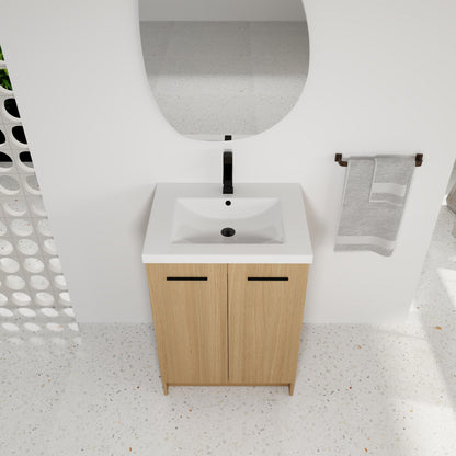 24" Freestanding Bathroom Vanity with Resin Sink, Light Oak, Double Door Storage, KD (Ready-to-Assemble), Includes Black & Brushed Aluminum Handles image 6