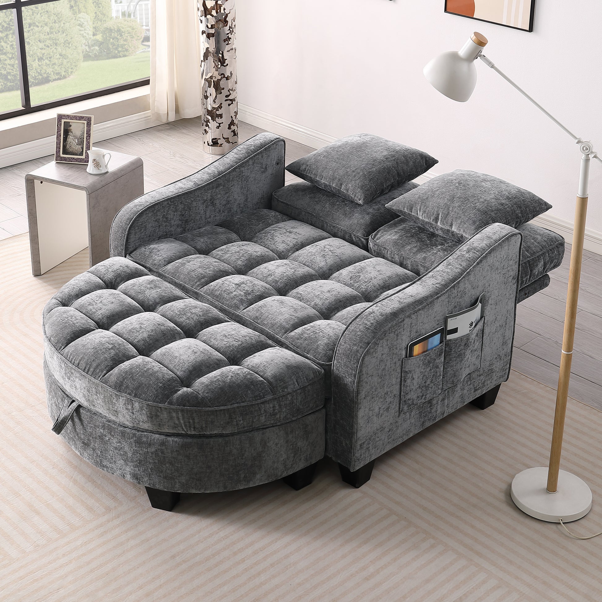 Two-seater sofa, double sofa chaise longue, with irregular armrests and backrests, footrest with storage space, comes with two small throw pillows, suitable for living room and bedroom - Grey image 2