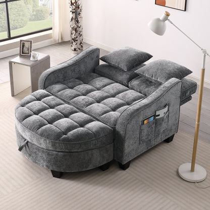 Two-seater sofa, double sofa chaise longue, with irregular armrests and backrests, footrest with storage space, comes with two small throw pillows, suitable for living room and bedroom - Grey image 2