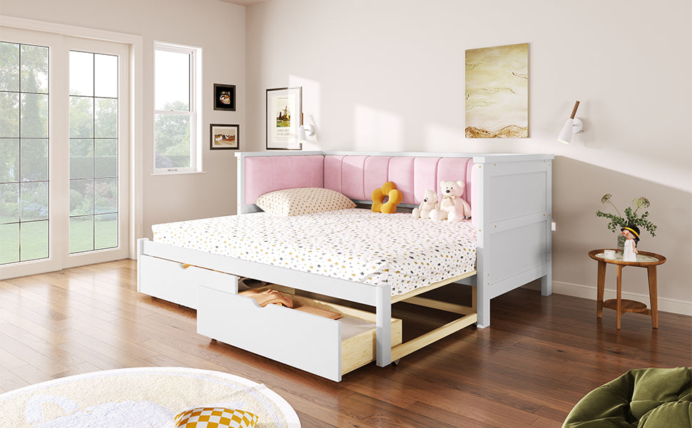 Twin XL to King Size Daybed with Two Storage Drawers and Upholstered Backrest, White+Pink image 4