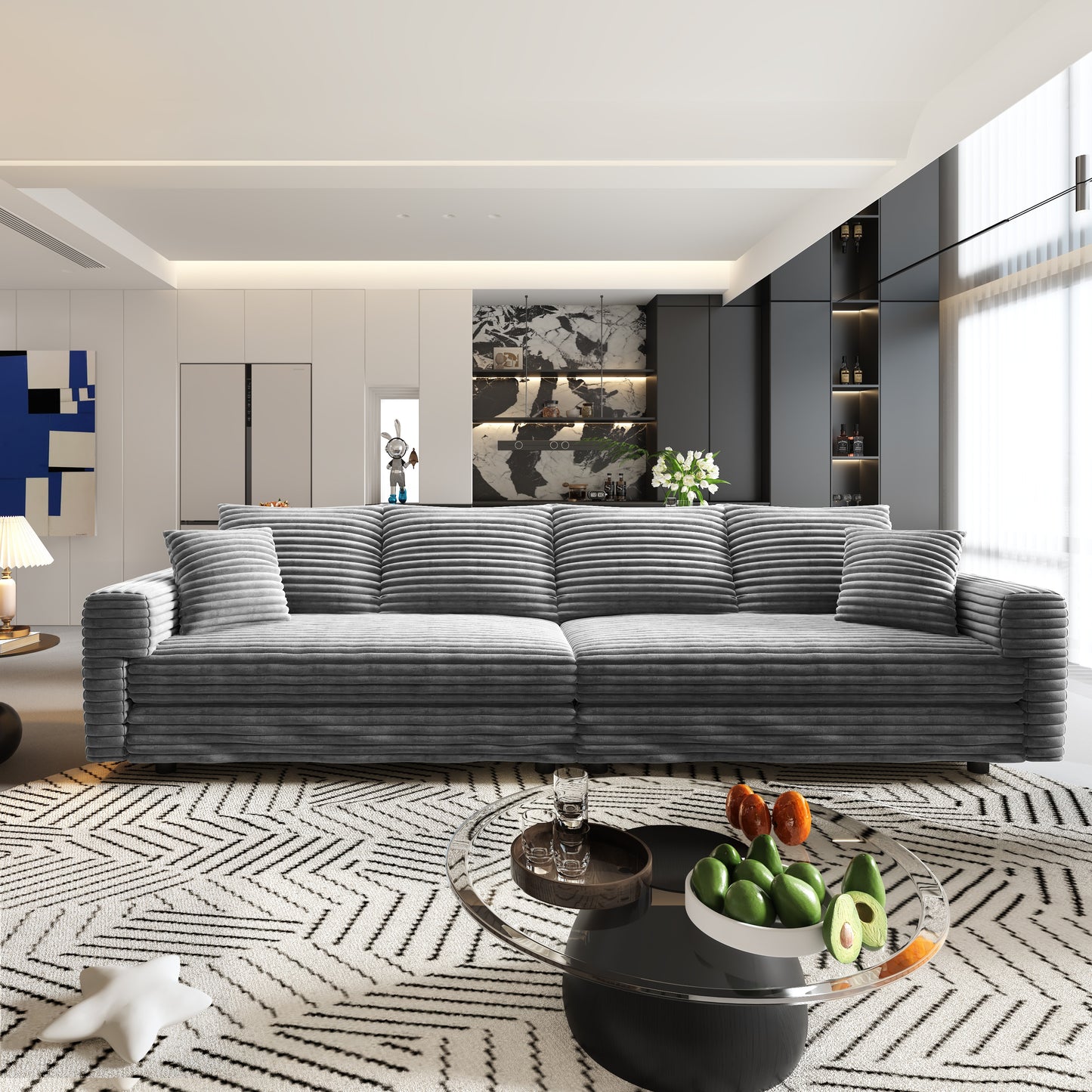 102.4 "Plush Corduroy 4-Seat Sofa,Modern Comfy Upholstered Sofa Cloud Couch,Deep Seat Couches with Soft Pillows and 3 Ottomans,Convertible Sofa Lounge Chair,Grey(Old SKU:W1885S00284) image 8