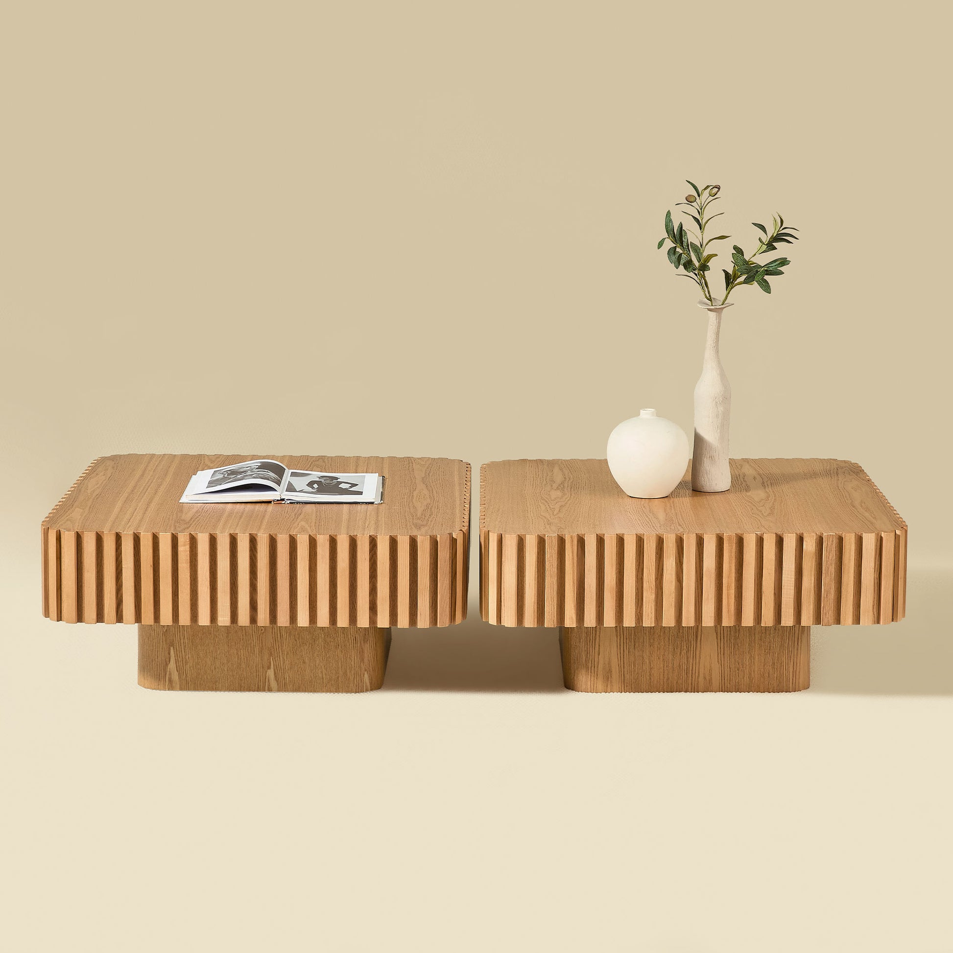 2PCS Set 31.5 Inch Modern Handcraft Drum Coffee Table Square Coffee Table for Living Room,Small Wooden Coffee Table with Sturdy MDF Pedesta,Natural Color image 2