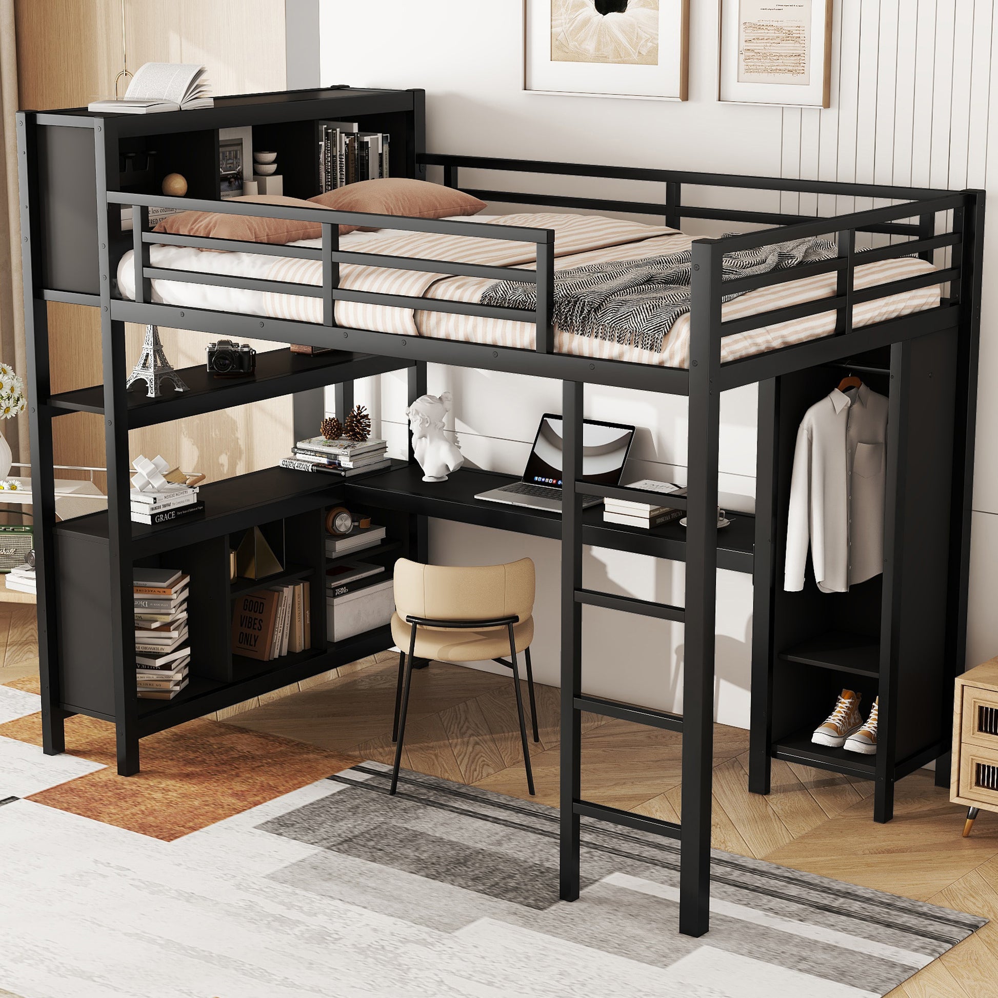 Metal Loft Bed with Wardrobe And L-shaped Desk, Full Size Loft Bed with Storage Cubes and Shelves, Heavy Duty Loft Bed for Kids Teens Adults, Black image 3