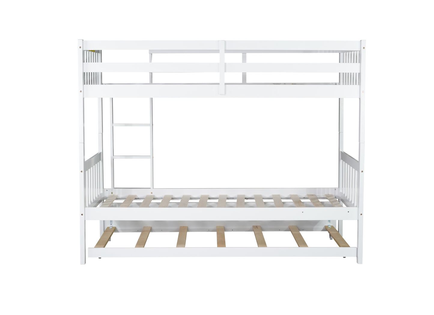 Twin Over Twin Rubber Wood Bunk Bed with Trundle, Convertible into Twin Size Beds, Twin Size Bunk Bed with Ladder and Safety Guardrails, White image 4
