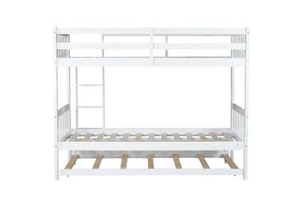 Twin Over Twin Rubber Wood Bunk Bed with Trundle, Convertible into Twin Size Beds, Twin Size Bunk Bed with Ladder and Safety Guardrails, White image 4
