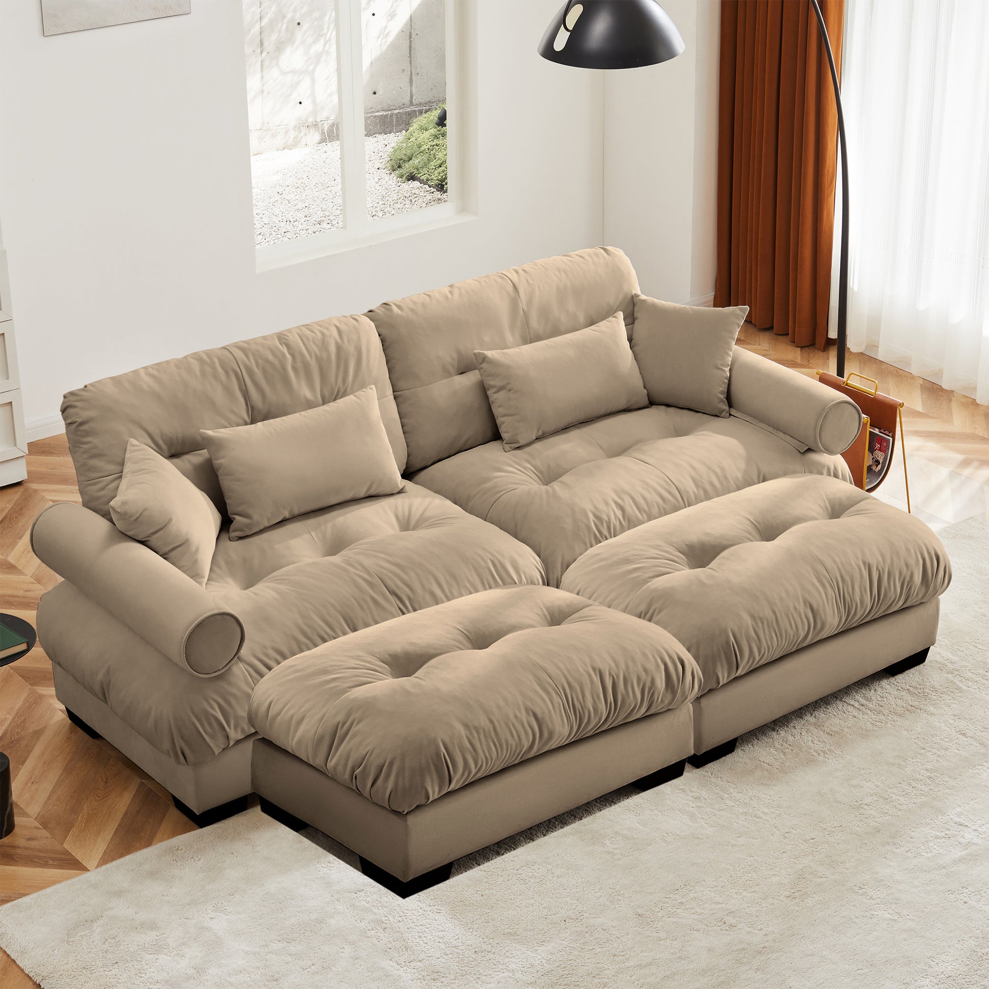 Over Size Modern Two-seater Sofa with Ottoman, Velvet 2-Seater with Round Bolster Armrests,With Waist Pillow and Throw Pillows, Reading Room, Loft and Bedroom,Camel image 1