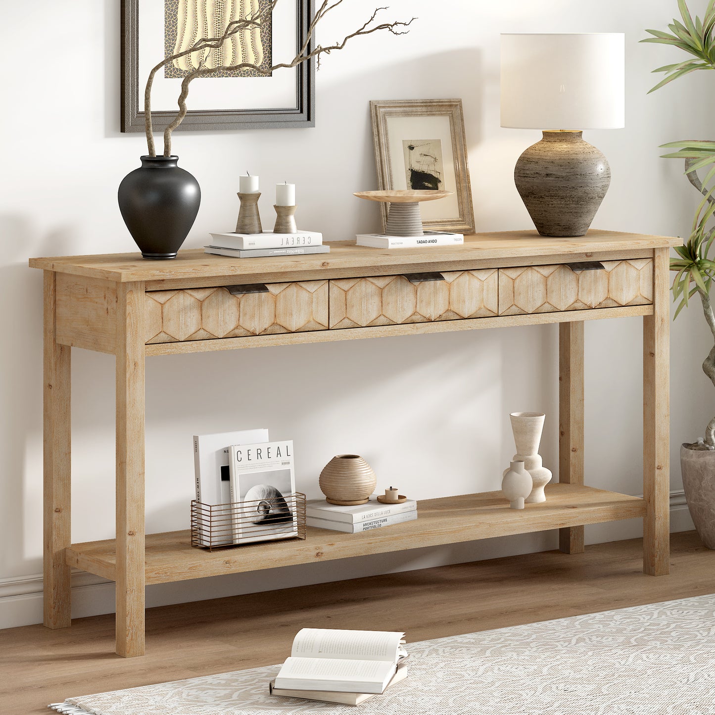 U_Style 58.3'' Fir Veneer Entryway Table with Honeycomb-patterned Fronts,Modern Stylish Console Table with 3 Drawers and Solid Fir legs,Suitable for Living Room,Entryway, Hallway, Study, Foyer image 1
