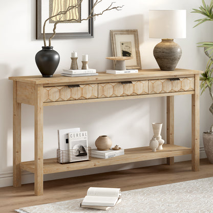 U_Style 58.3'' Fir Veneer Entryway Table with Honeycomb-patterned Fronts,Modern Stylish Console Table with 3 Drawers and Solid Fir legs,Suitable for Living Room,Entryway, Hallway, Study, Foyer image 1