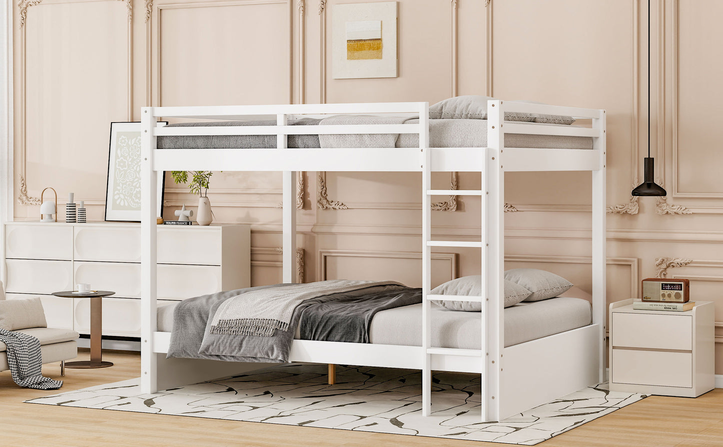 Wood Queen Size Bunk Bed with Ladder, White image 6