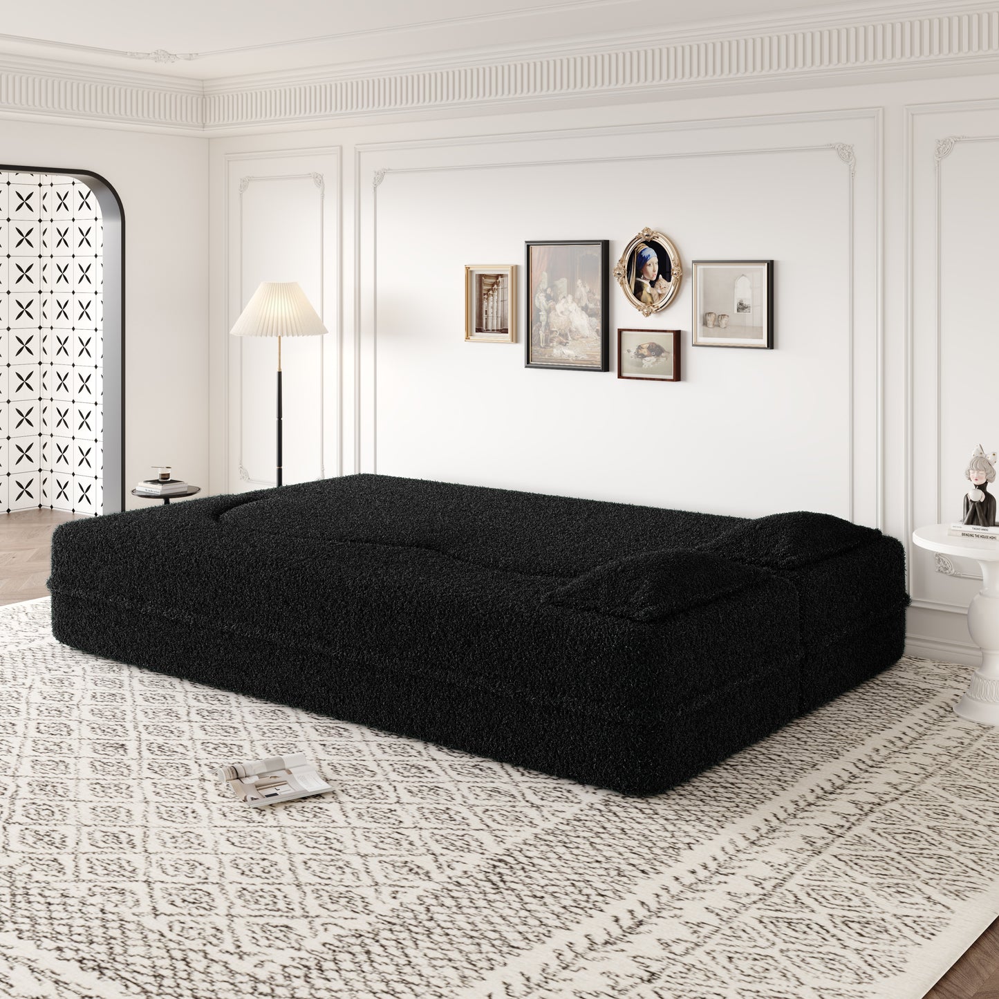 Modern Floor Sofa with 2 Pillows,Convertible Sherpa Fleece Fabric Foam-Filled Sleeper Sofa Bed,15" Full Size Folding Mattress for Living Room,Guest Bed,no assembly required,Black(SameW1885P2722) image 4