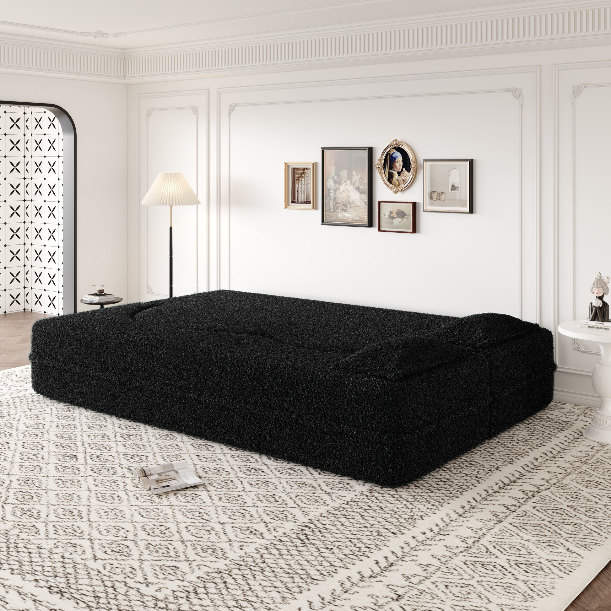 Modern Floor Sofa with 2 Pillows,Convertible Sherpa Fleece Fabric Foam-Filled Sleeper Sofa Bed,15" Full Size Folding Mattress for Living Room,Guest Bed,no assembly required,Black(SameW1885P2722) image 4