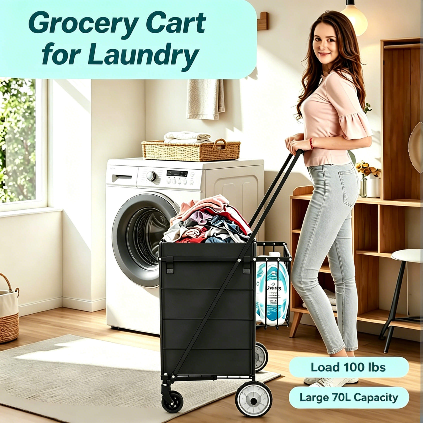 Shopping Cart Grocery Cart on Wheels - Waterproof Bag Included, 10-min Assembly Utility Wagon, Lightweight Shopping Cart with 360° Swivel Wheels for Grocery, Apartments, Laundry, Max Load 100 lbs image 9