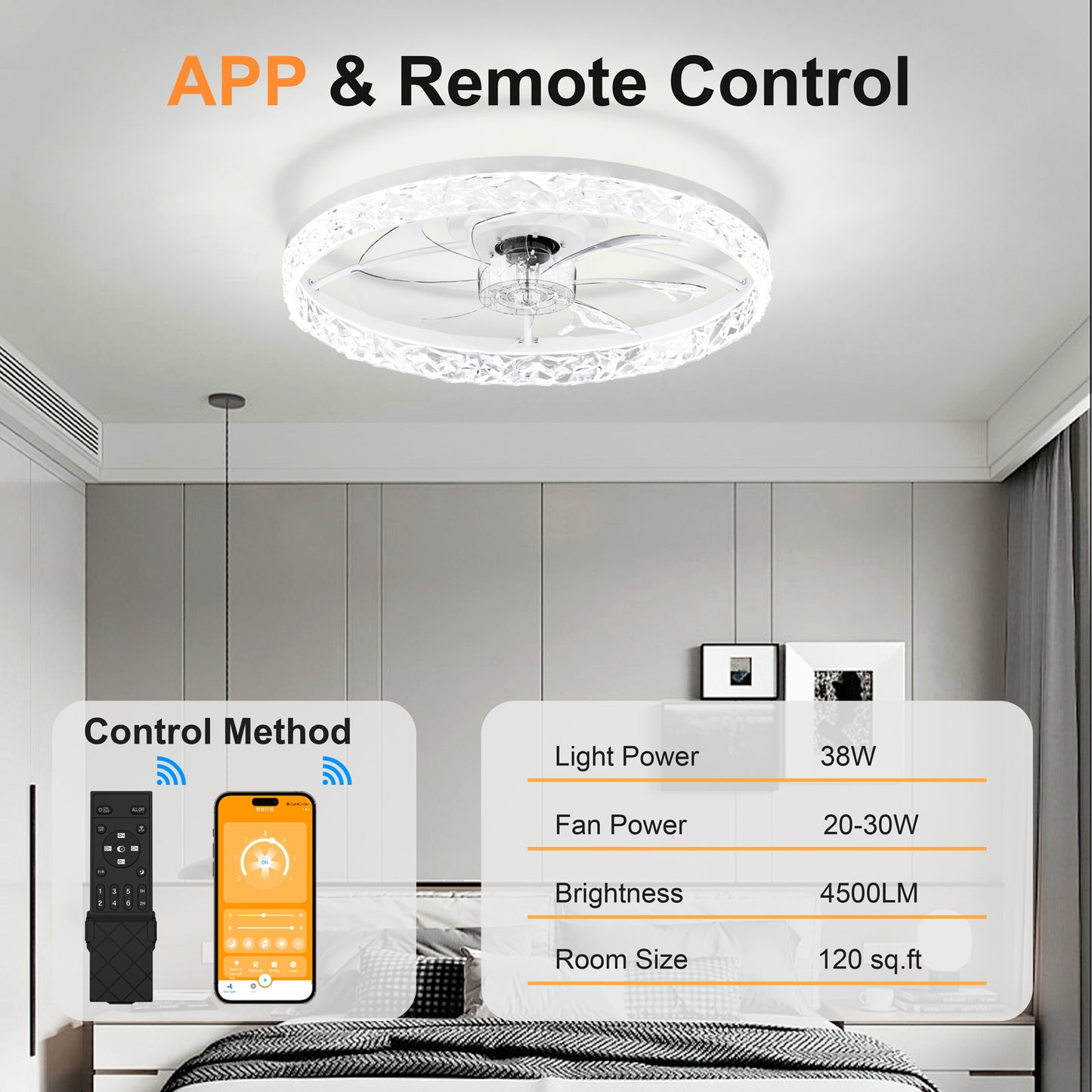 23.6" Ceiling Fans with Lights Remote and APP Control, Dimmable 3-Color and 6-Speed quiet DC Motor, WHITE Ceiling Fan for Bedroom Living Room image 2