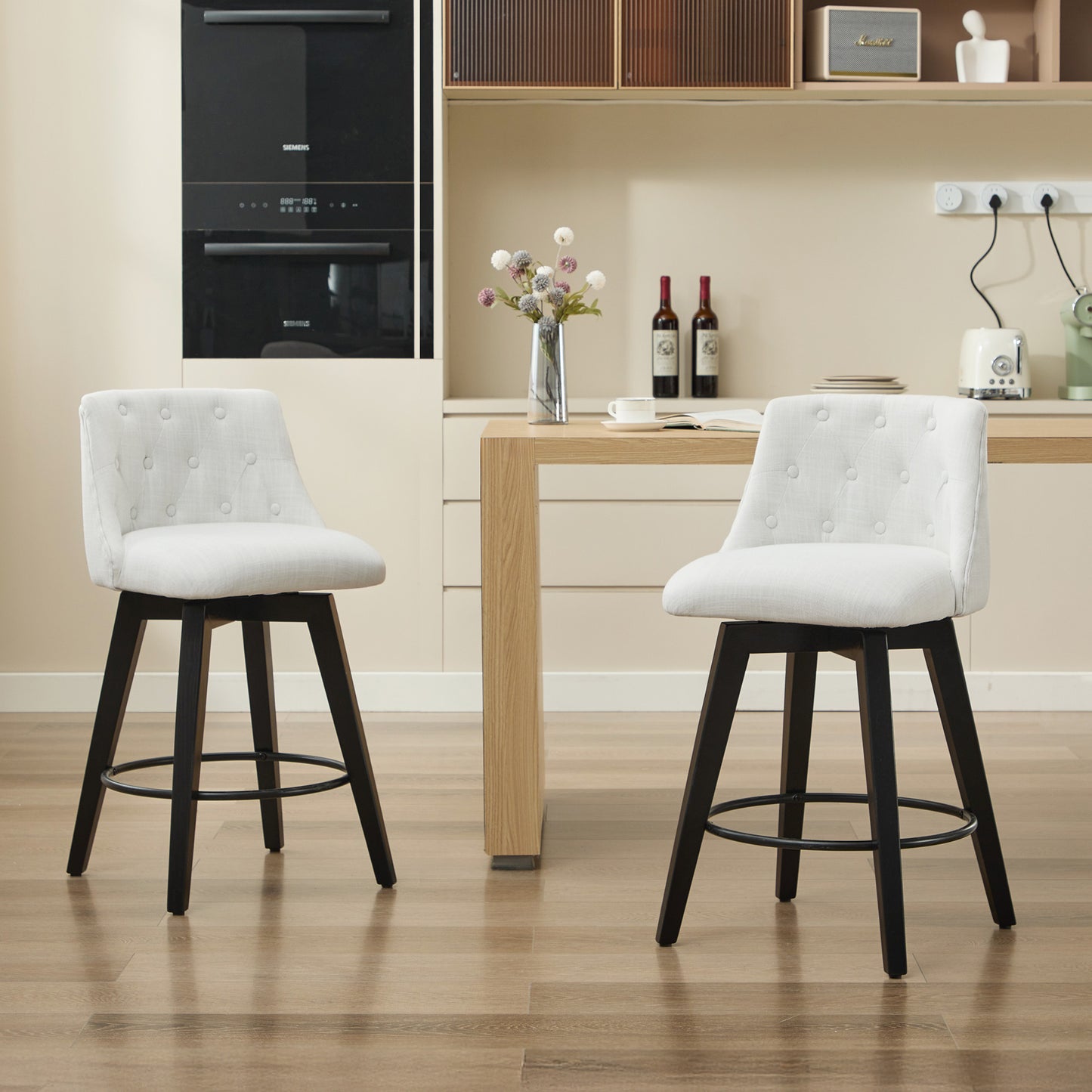 007-360° Swivel Bar Stools Set of 2-Modern 25" Counter Height Stools with Stain-Resistant Line&Button Tufted Back, Solid Wood Frame Barstools for Kitchen Island, Cafe or Home Bar, Easy Assembly White image 6