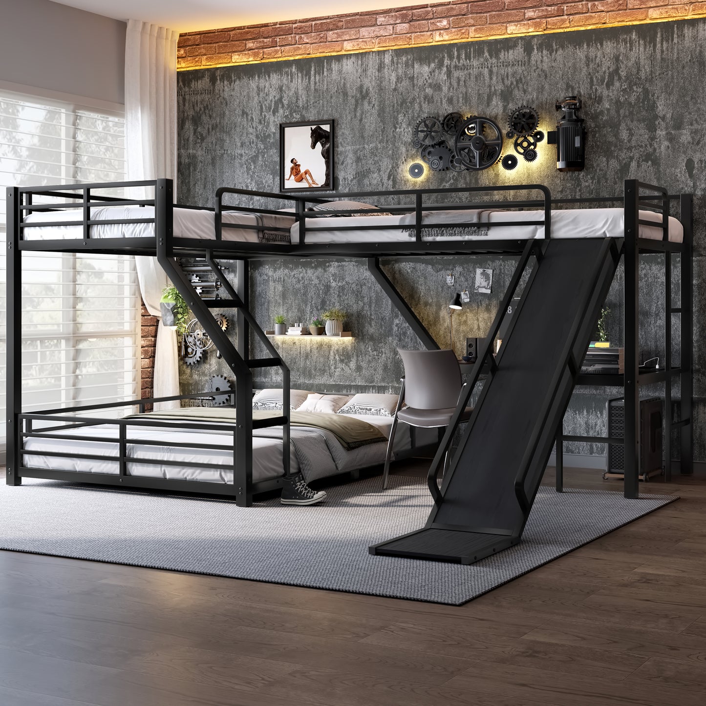 L-Shaped Twin XL over Queen Bunk Bed with Twin Size Loft Bed, Metal Triple Bunk Bed with Slide and USB Ports, Space-saving and Noise-free Design, Black image 4