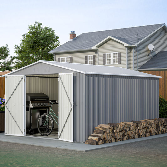 10 x 12 ft. Outdoor Storage Shed with Floor Frame Kit, Galvanized Steel Garden Shed, Metal ShedsGarden Tool Shed with Double Lockable Doors for Backyard Patio Lawn, Gray image 1