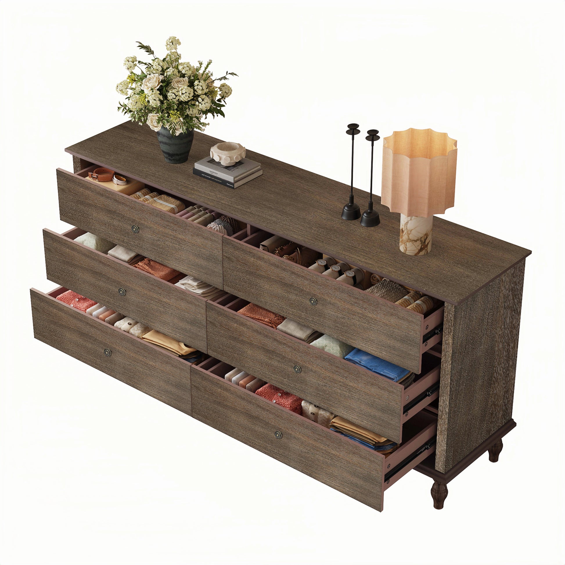 6-Drawer Double Wide Wood Dresser for Bedroom, Deep Brown Burnt Wood Finish Storage Chest with Self-Closing Slides, Metal Copper Handles, Solid Wood Roman Column Legs, Anti-Tip Kit Included image 7