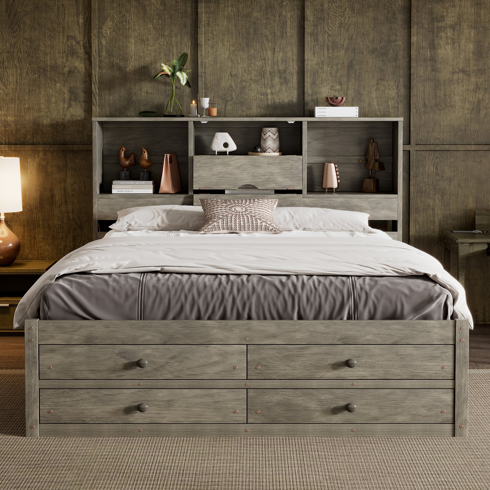 Queen Size Platform Bed with Storage Headboard and 8 Drawers, Gray image 2