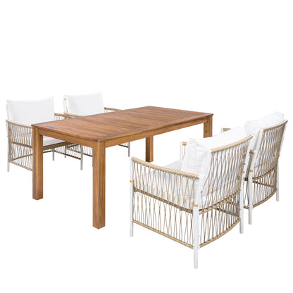TOPMAX Patio 5pcs Wooden Dining Table Set, Outdoor 67''L Rectangular Table with 4 Rattan Arm Chairs for Poolside, Backyard, Garden, Natural image 10