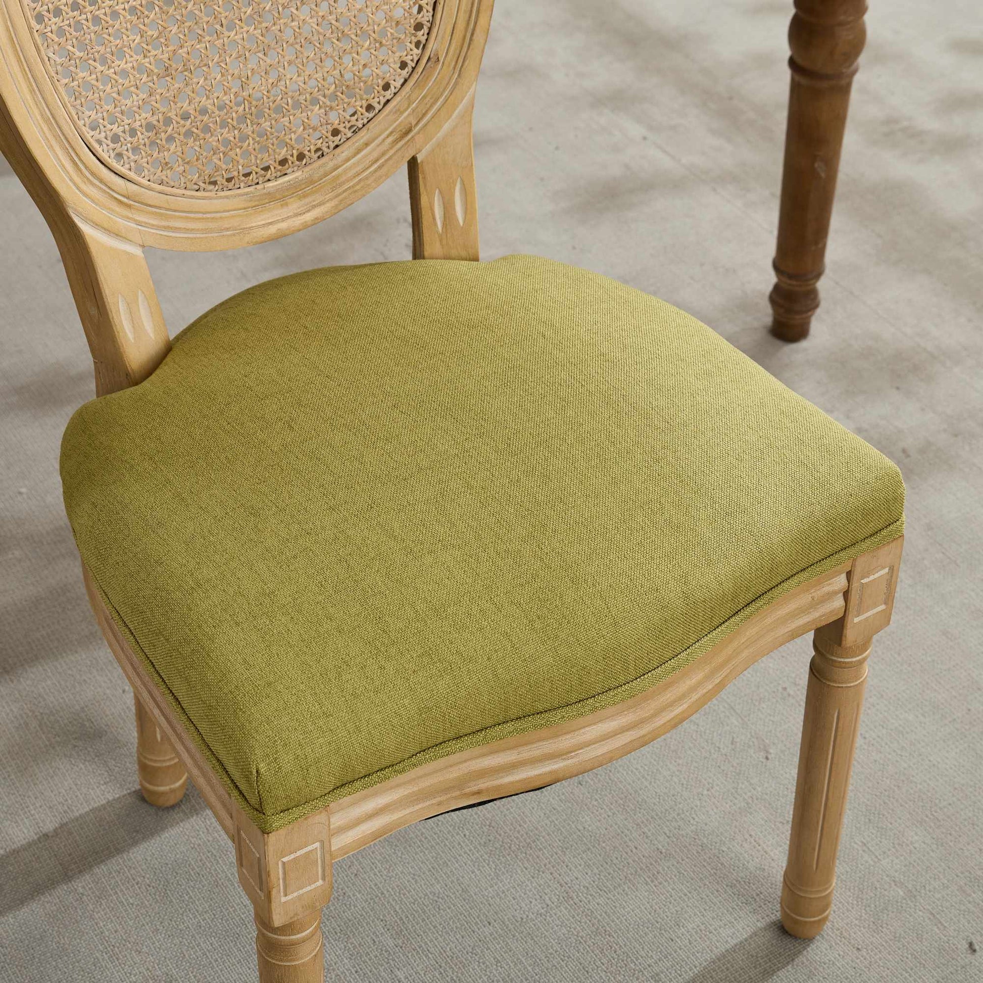 A&A Furniture,French Style Solid Wood Frame Antique Painting Linen Fabric Rattan Back Dining Chair,Set of 2,Olive-Green image 11
