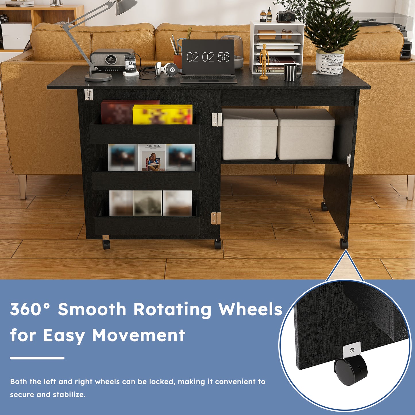 Black 45.67'' 4-in-1 Folding Sewing Table with Lockable Wheels – Multi-Functional Craft Station, End Table, Computer Desk & Kitchen Storage with Shelves, Rolling Sewing Machine Table for Apartments image 5