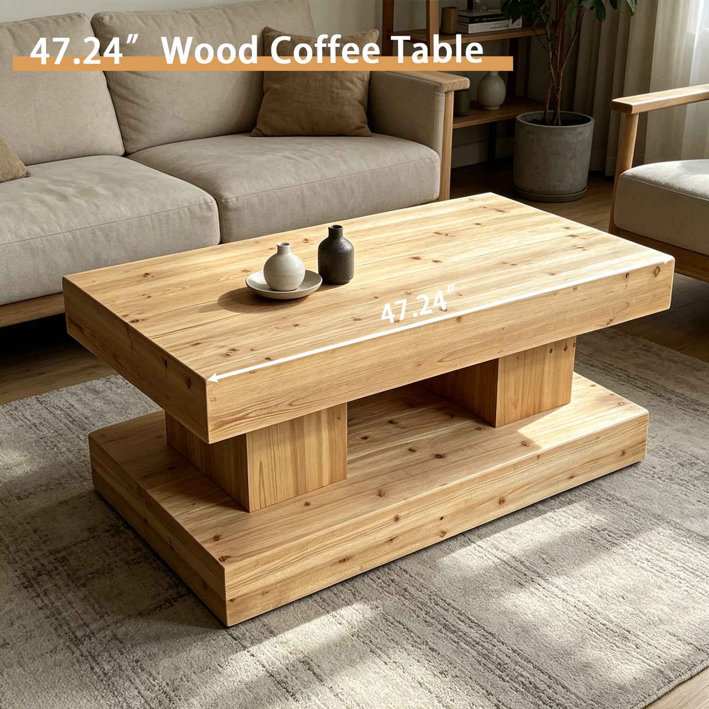 47.24"Natural Solid Wood Coffee Table elevate your living room with crafted from premium natural wood with visible grain and knots for a warm, organic feel. image 4