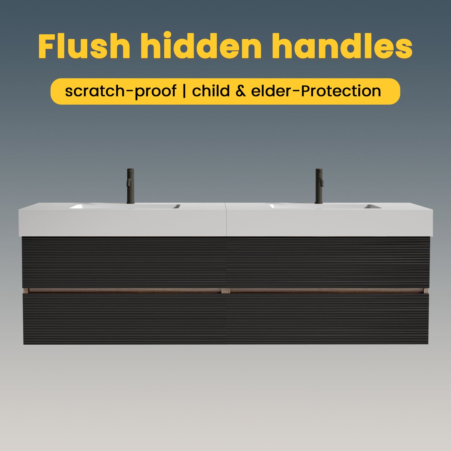 Grace 72''(36Inch*2) Bathroom Vanity with Matt Black Engineered Quartz Sink and Soft Black Drawers, Wall Mounted Floating Bathroom Vanity, One-Piece Glossy White Basin, KD image 3
