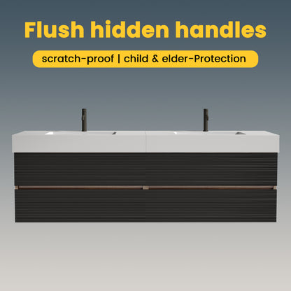 Grace 72''(36Inch*2) Bathroom Vanity with Matt Black Engineered Quartz Sink and Soft Black Drawers, Wall Mounted Floating Bathroom Vanity, One-Piece Glossy White Basin, KD image 3