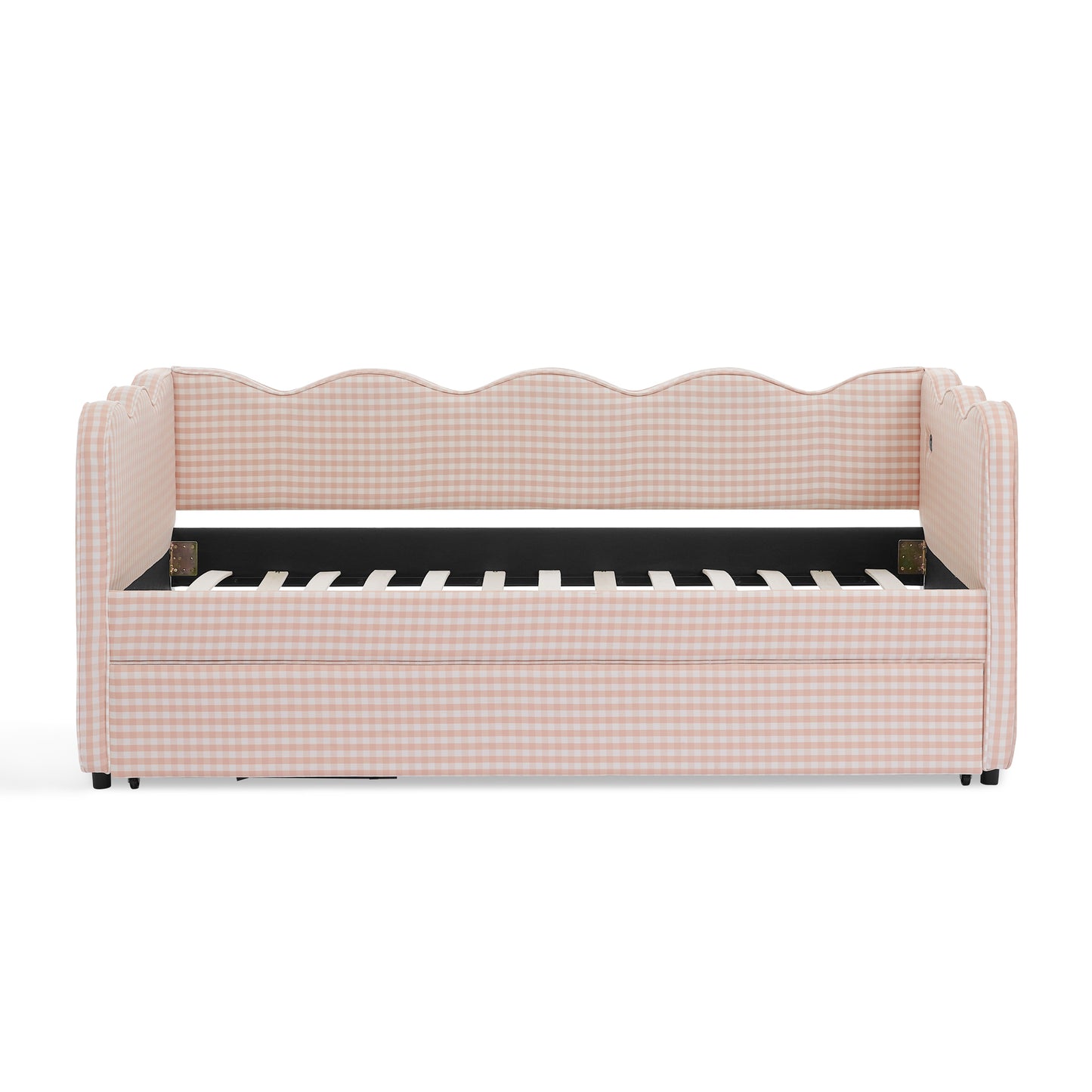 Cozy Gingham Daybed with Trundle Twin Size Sofa Bed No Box Spring Needed, with USB Port and Adorable Wave Shaped, Linen Fabric, Pink image 10