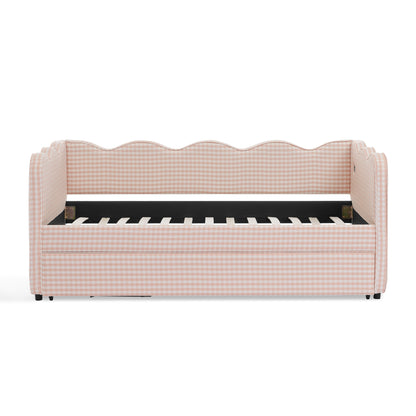 Cozy Gingham Daybed with Trundle Twin Size Sofa Bed No Box Spring Needed, with USB Port and Adorable Wave Shaped, Linen Fabric, Pink image 10