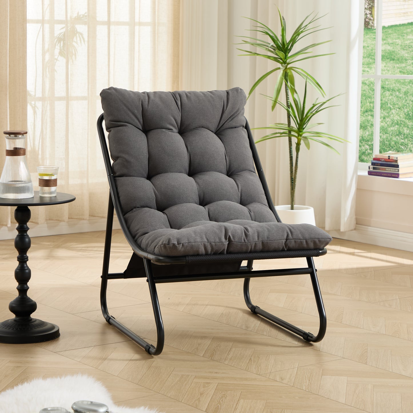 Patio Outdoor Lounge Chair with Ottoman, Comfy Sling Recliner Chair with Puffy Cushion and Foot Stool, Ideal for Living Room, Bedroom, Reading Room, Black frame with grey cushion image 12
