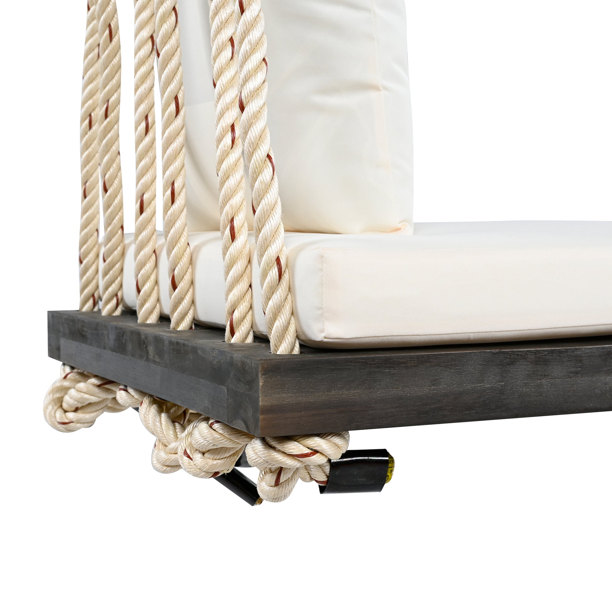 TOPMAX Patio Wooden Swing Chair, Hanging Porch Swing Bench with Cushion&Pillows, 10.8Ft Hemp Ropes for Garden,Backyard, Lawn,Brown image 9