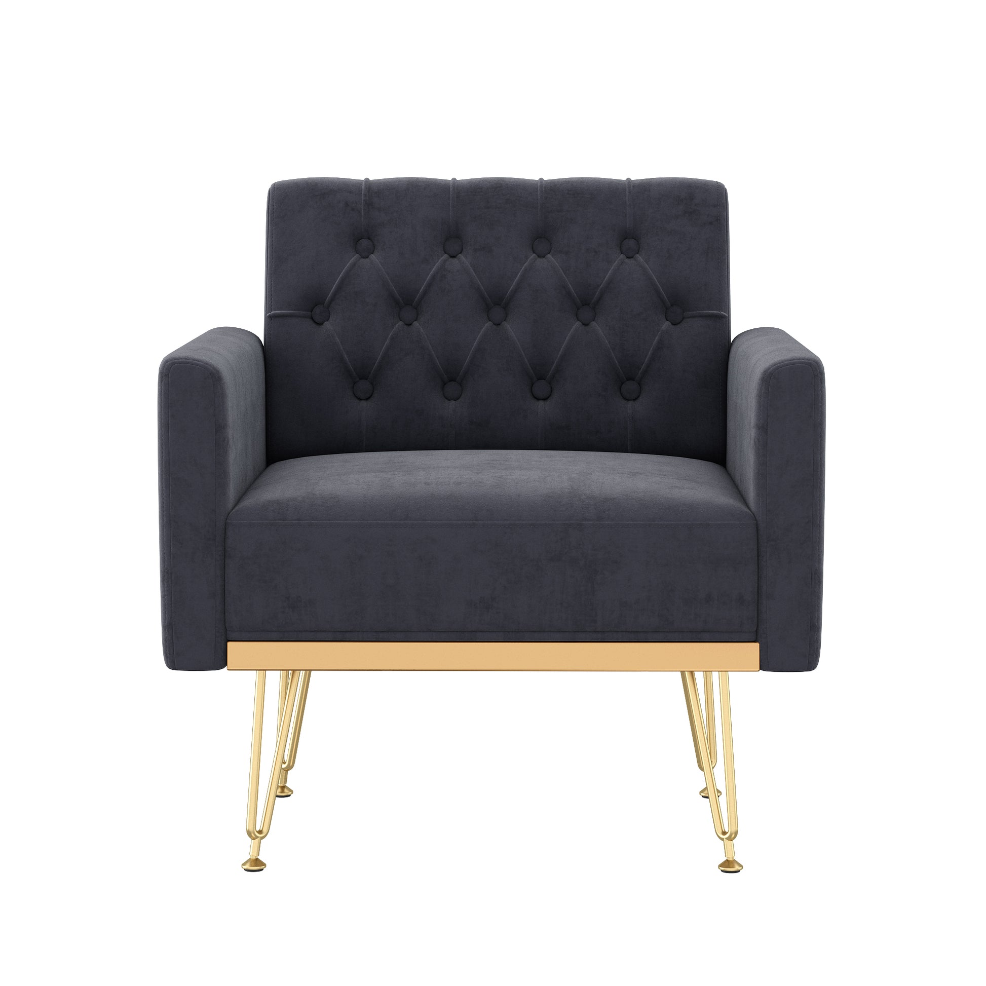 Velvet Armchair Single Sofa Modern Tufted Upholstered Side Reading Chairs with Arm and Gold Metal Leg for Living Room Bedroom (Black) image 2