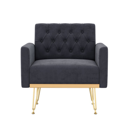 Velvet Armchair Single Sofa Modern Tufted Upholstered Side Reading Chairs with Arm and Gold Metal Leg for Living Room Bedroom (Black) image 2