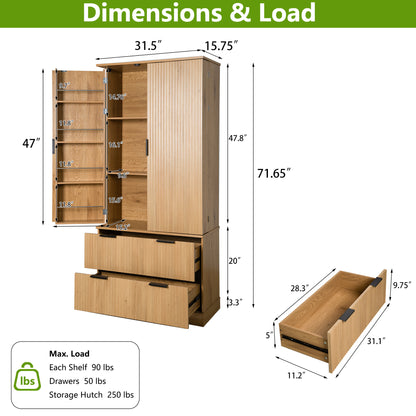 72" Modern Fluted Kitchen Pantry Cabinet with 2 Large Drawers & 8-Door Spice Rack, Freestanding Storage Organizer for Bathroom, Dining Room, Office, Entryway, Oak image 10