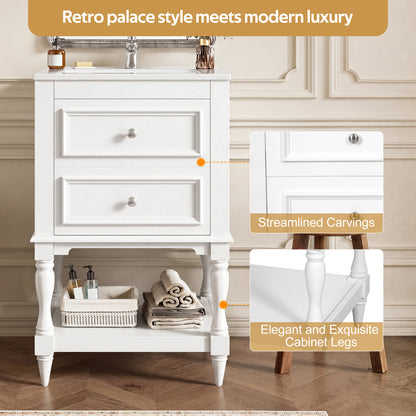 20'' Bathroom Vanity with Ceramic Sink, Bathroom Storage Cabinet with Open Shelf, Retro Design Bathroom Cabinet with 2 Drawers image 5