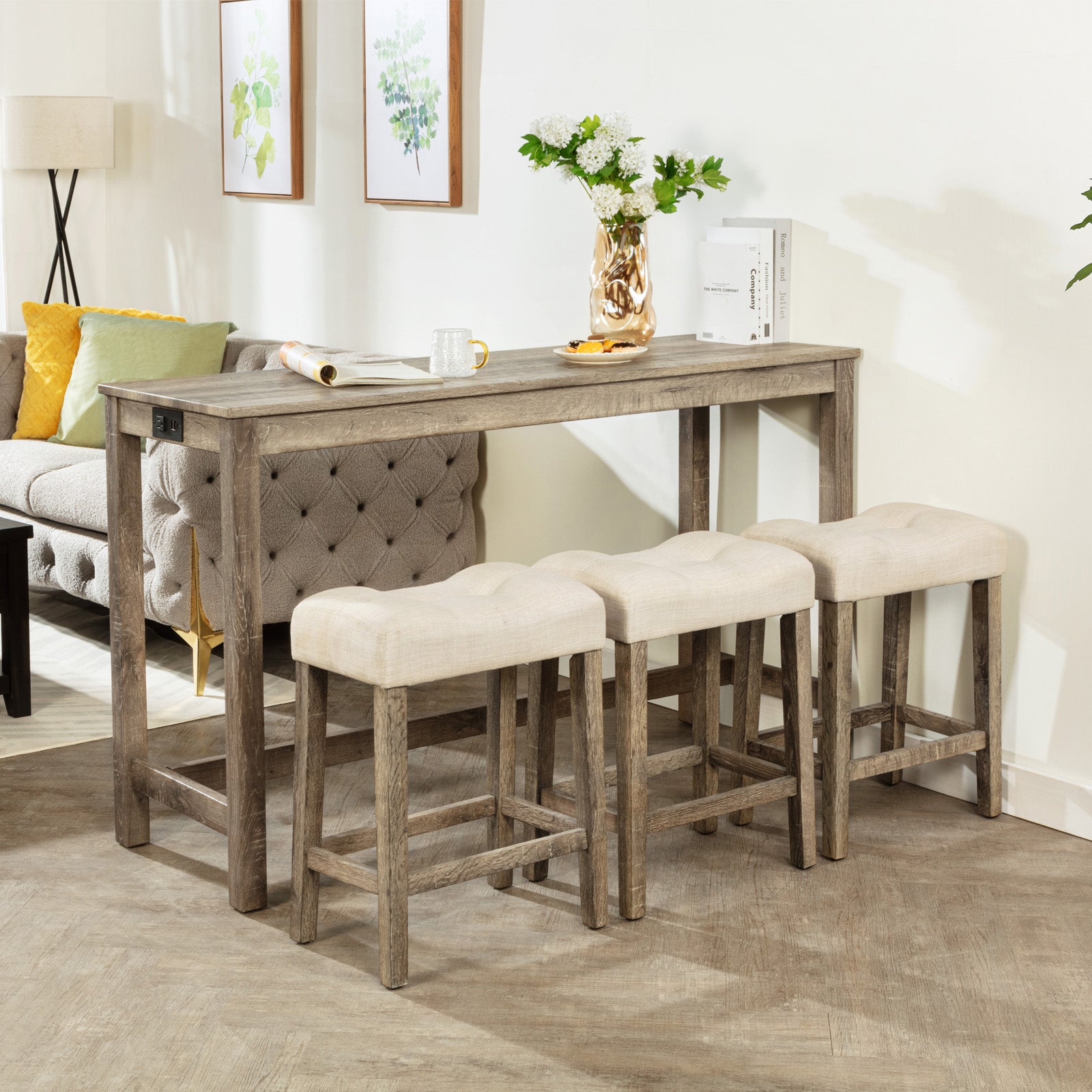 4-Piece Bar Table Set with Power Outlet, Dining Bar Table and Chairs Set,Bar Table Set with 3 Padded Stools for Living Room, Dining Room, Game Room, Brown image 1